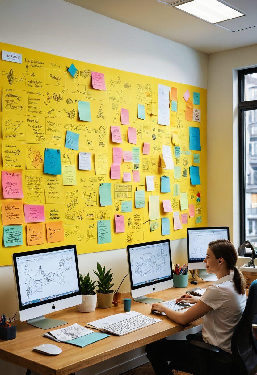 An engaging workspace scene showcasing a diverse group of designers collaborating on cheerful user interfaces, with colorful sticky notes and a large screen displaying jsPlumb diagrams and flowcharts. The atmosphere should be vibrant and inviting, with a mix of natural light and playful decor that reflects creativity. Include elements of technology and art intermingled, such as colorful wires and sketches scattered around. super-realistic. vibrant colors. light and airy.